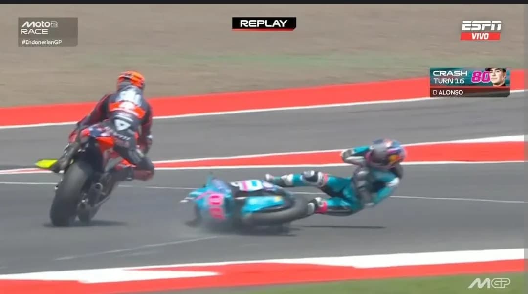 El piloto David Alonso sufrió un accidente que lo obligó a salir de la competencia en el Gran Premio de Indonesia de Moto2