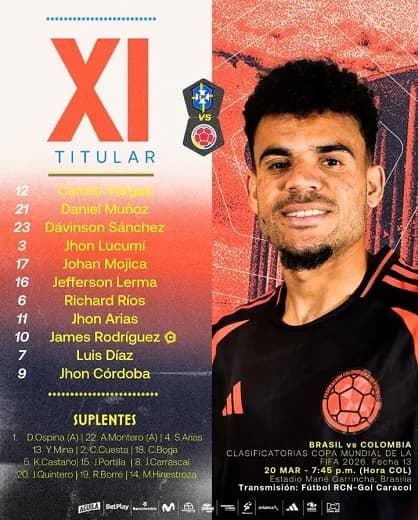 Jefferson Lerma vuelve al once inicial de Colombia para enfrentar a Brasil en la fecha 13 de Eliminatorias al Mundial 2026