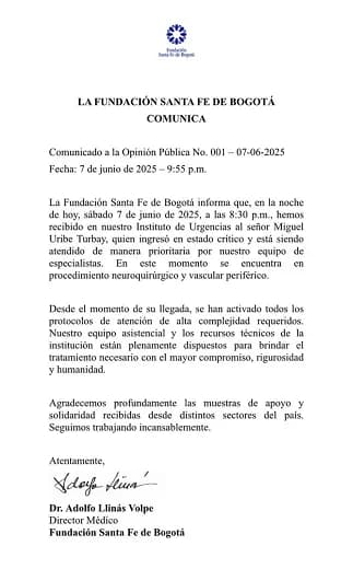 Miguel Uribe se encuentra en procedimiento neuroquirúrgico y vascular periférico, dijo la Fundación Santa Fe de Bogotá