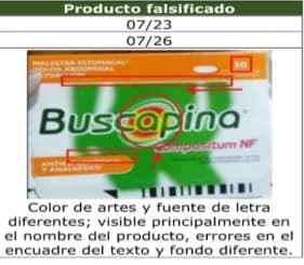 Secretarías de salud en Colombia apuran inspecciones en establecimientos para destrucción de lote falsificado de Buscapina (compuesto usado como antiespasmódico y analgésico)