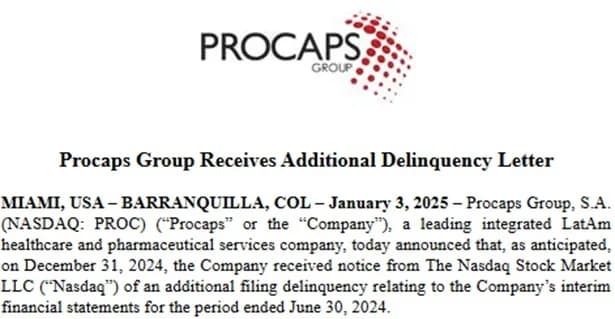 Procaps Group recibió una carta adicional por morosidad ante Nasdaq y buscará ante un panel continuar cotizando